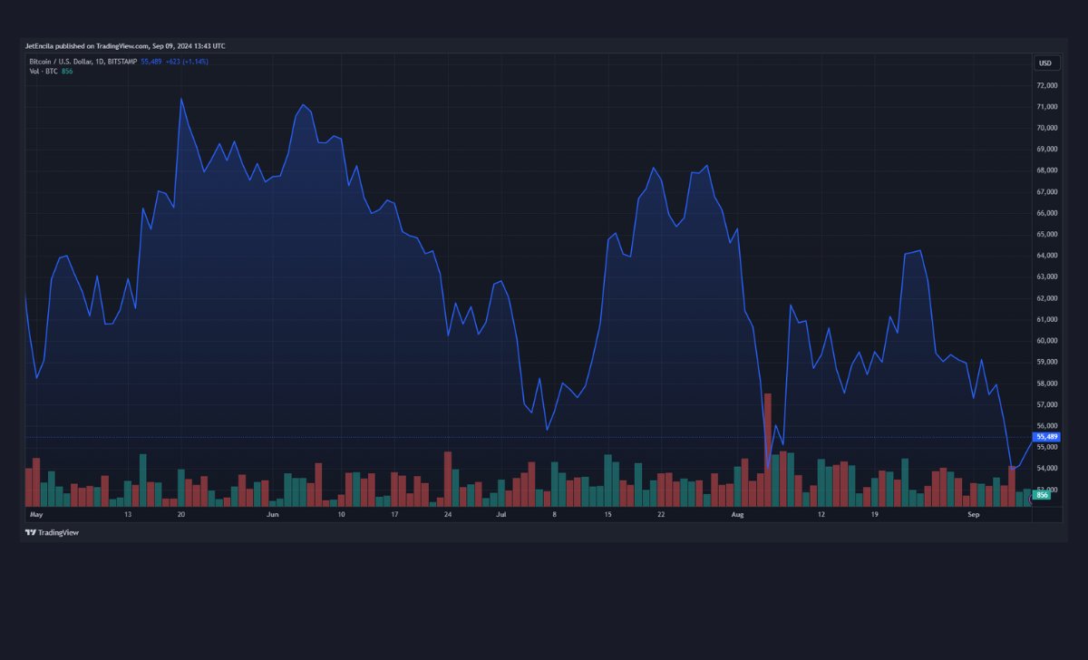 Bitcoin hiện đang giao dịch ở mức 55.489 đô la. Biểu đồ: TradingView