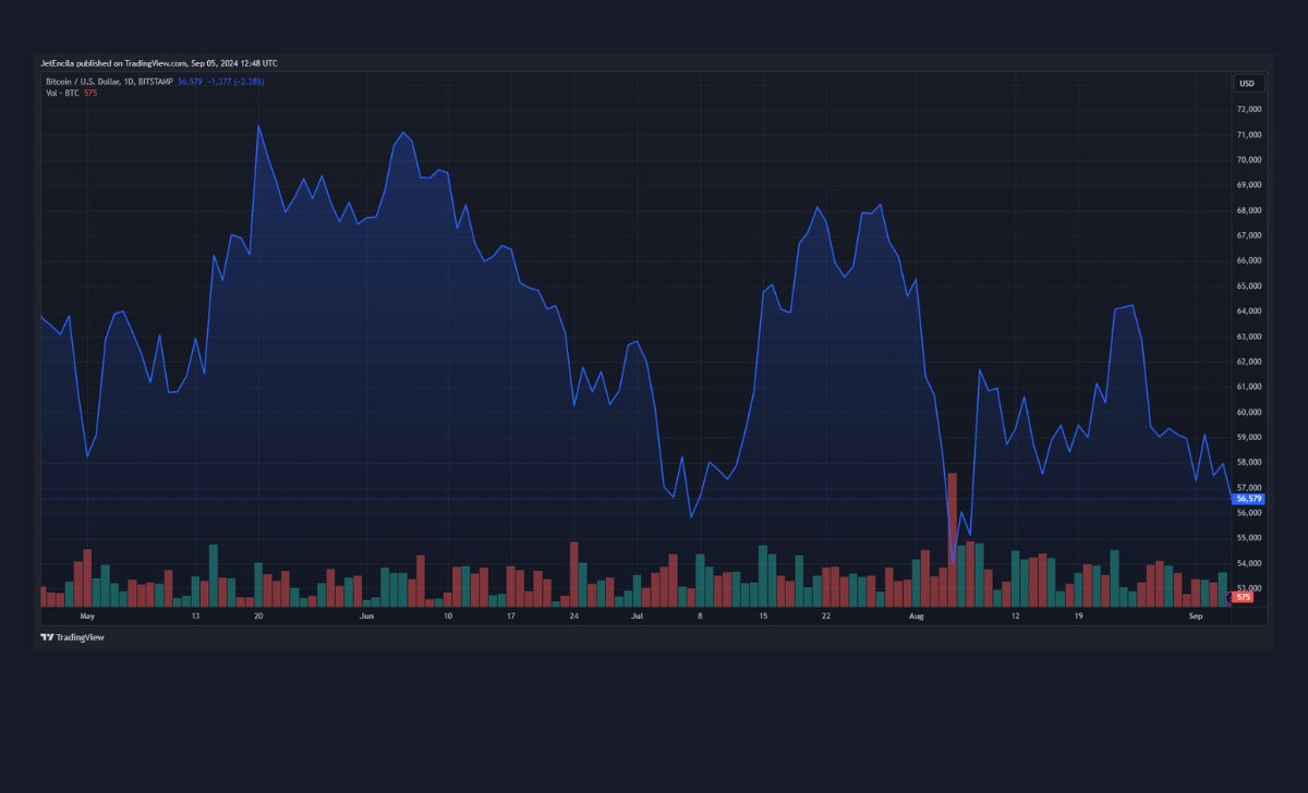 Bitcoin hiện đang giao dịch ở mức 56.579 đô la. Biểu đồ; TradingView