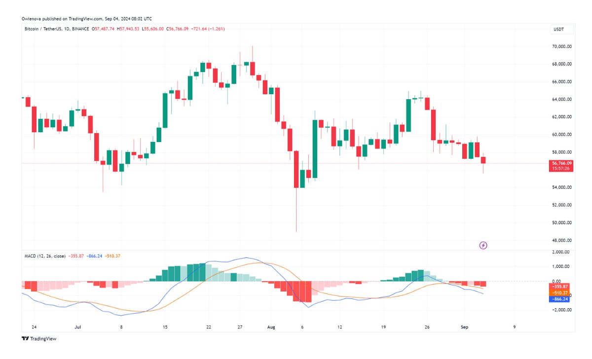 BTC giao dịch ở mức 56.766 đô la trên biểu đồ 1 ngày | Nguồn: BTCUSDT trên Tradingview.com